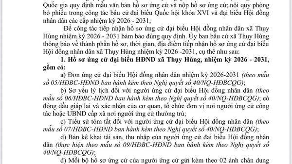 UBND xã Thuỵ Hùng thông báo về thời gian tiếp nhận hồ sơ ứng cử đại biểu Hội đồng nhân dân xã nhiệm kỳ 2026-2031